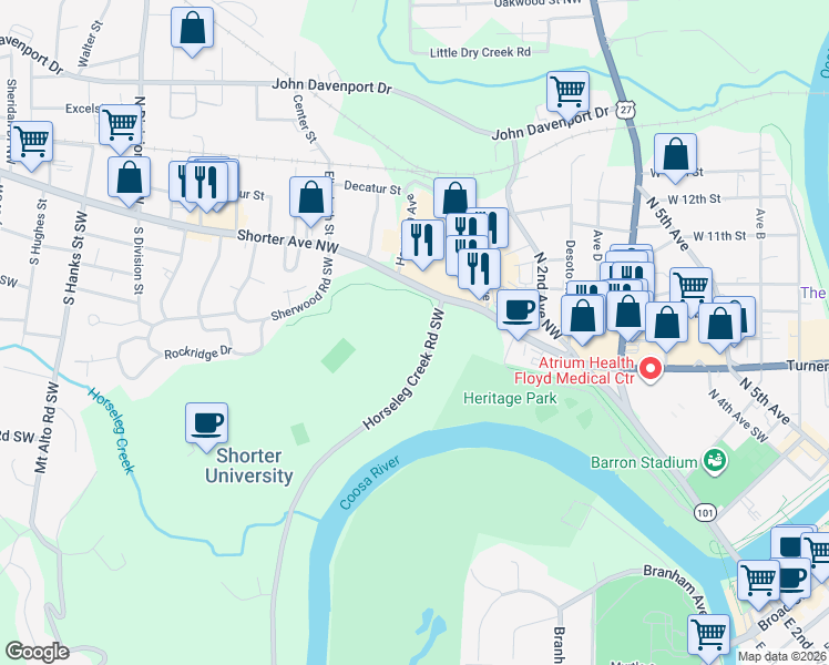 map of restaurants, bars, coffee shops, grocery stores, and more near 7 Horseleg Creek Road Southwest in Rome