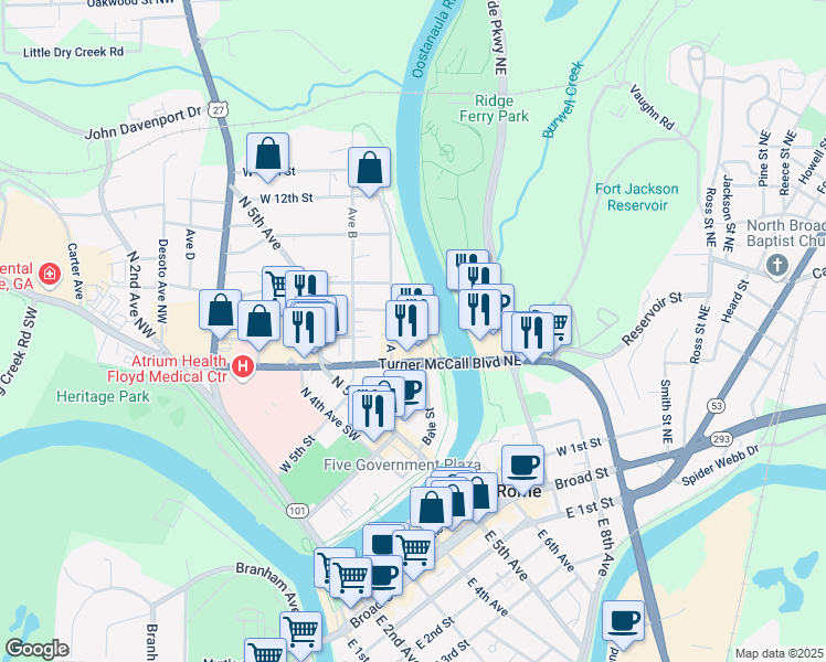 map of restaurants, bars, coffee shops, grocery stores, and more near 712 Avenue A Northeast in Rome