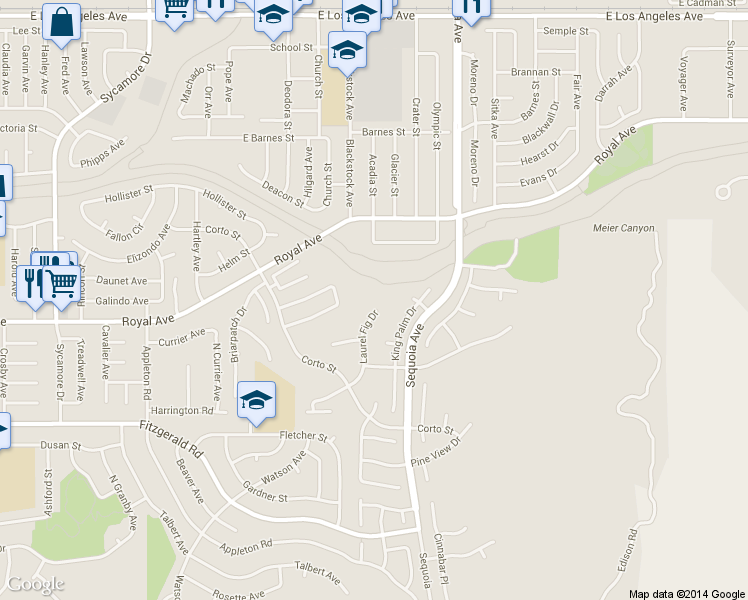 map of restaurants, bars, coffee shops, grocery stores, and more near 1245 Laurel Fig Drive in Simi Valley
