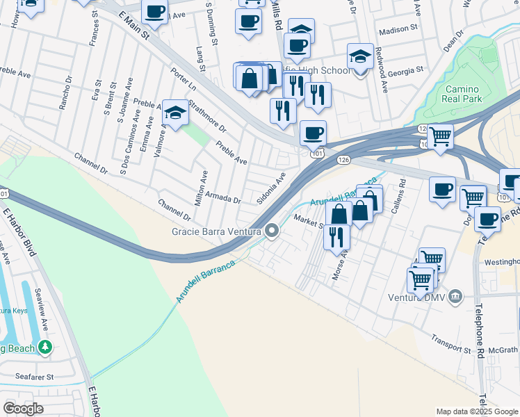 map of restaurants, bars, coffee shops, grocery stores, and more near 3398 Armada Drive in Ventura