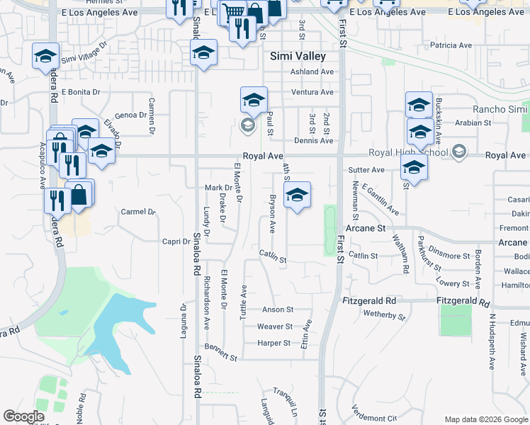 map of restaurants, bars, coffee shops, grocery stores, and more near 1275 Balsamo Avenue in Simi Valley