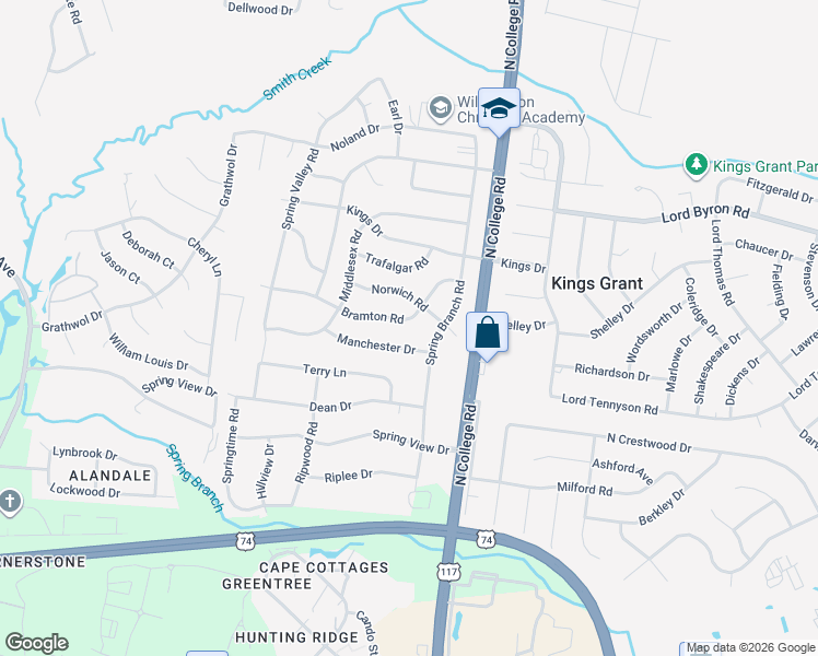map of restaurants, bars, coffee shops, grocery stores, and more near 4634 Bramton Rd in Wilmington