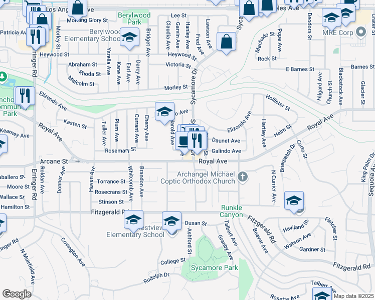 map of restaurants, bars, coffee shops, grocery stores, and more near 1205 Sawyer Avenue in Simi Valley