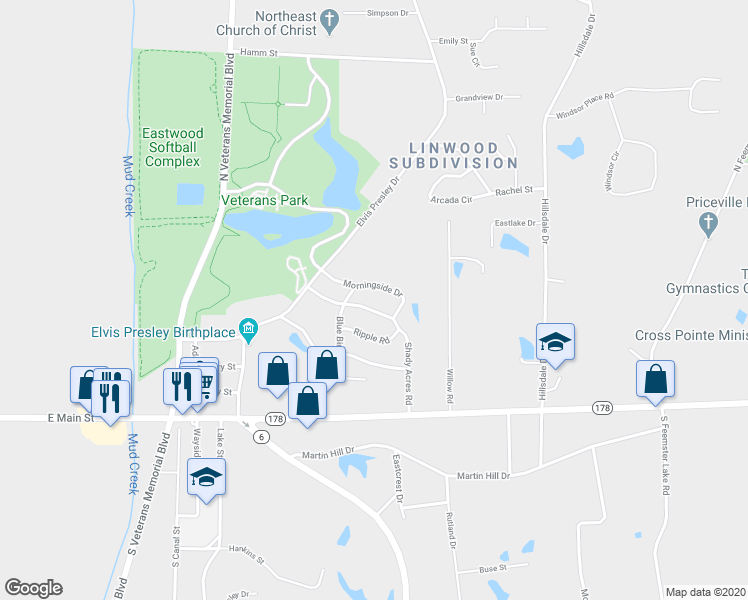 map of restaurants, bars, coffee shops, grocery stores, and more near 1771 Morningside Drive in Tupelo