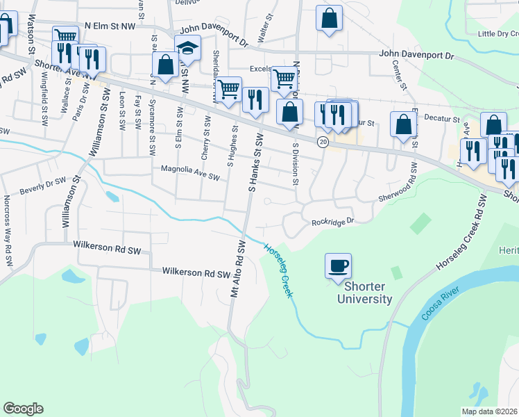 map of restaurants, bars, coffee shops, grocery stores, and more near 11 Berckmans Lane Southwest in Rome