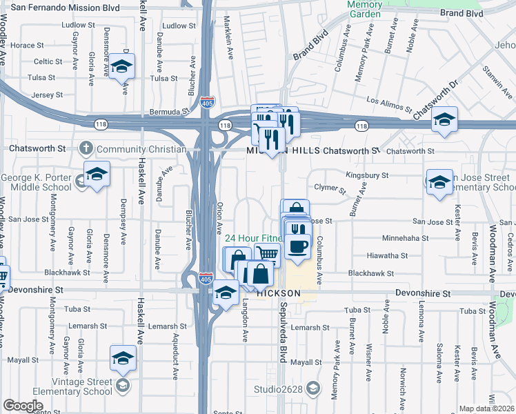 map of restaurants, bars, coffee shops, grocery stores, and more near 15448 San Jose Street in Mission Hills