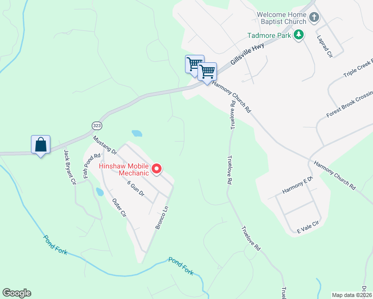 map of restaurants, bars, coffee shops, grocery stores, and more near 3009 River Birch Lane in Gainesville