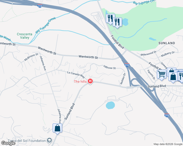 map of restaurants, bars, coffee shops, grocery stores, and more near 10535 La Canada Place in Los Angeles