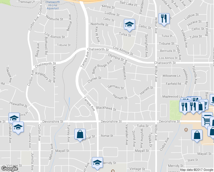 map of restaurants, bars, coffee shops, grocery stores, and more near 19201 Harnett Street in Los Angeles