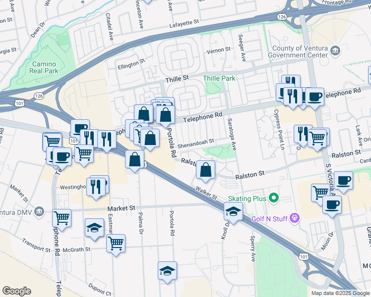 map of restaurants, bars, coffee shops, grocery stores, and more near 4986 Shenandoah Street in Ventura