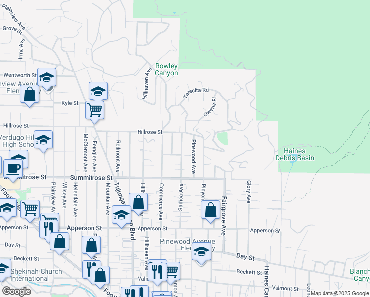 map of restaurants, bars, coffee shops, grocery stores, and more near 10618 Samoa Avenue in Los Angeles
