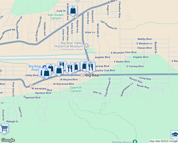 map of restaurants, bars, coffee shops, grocery stores, and more near 2 West Country Club Boulevard in Big Bear