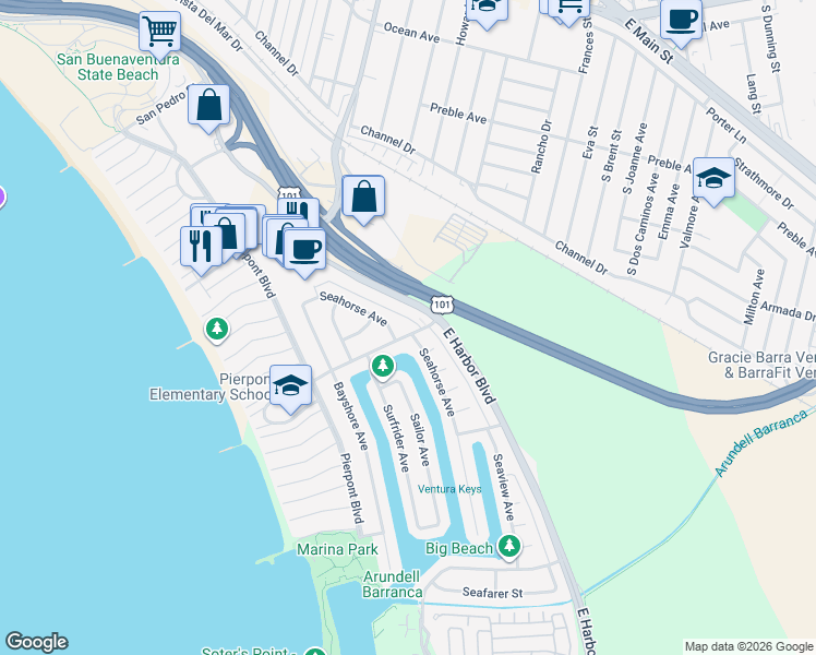 map of restaurants, bars, coffee shops, grocery stores, and more near 912 Peninsula Street in Ventura