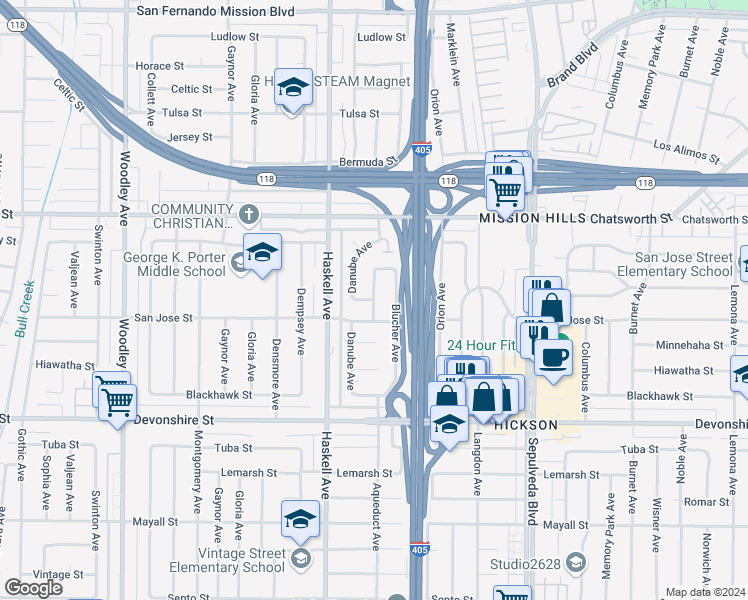 map of restaurants, bars, coffee shops, grocery stores, and more near Aqueduct Ave & Danube Ave in Los Angeles