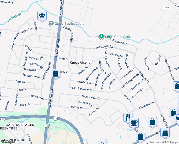 map of restaurants, bars, coffee shops, grocery stores, and more near 921 Wordsworth Drive in Wilmington