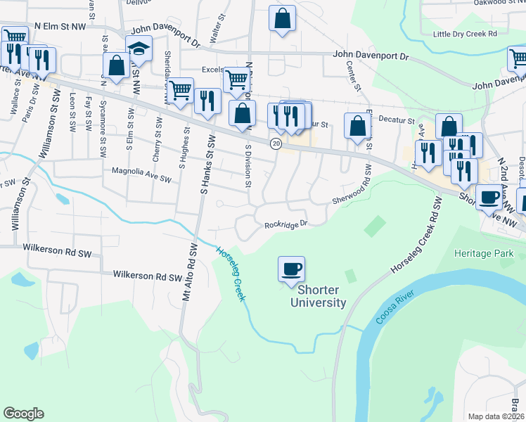 map of restaurants, bars, coffee shops, grocery stores, and more near 34 Rockridge Drive in Rome