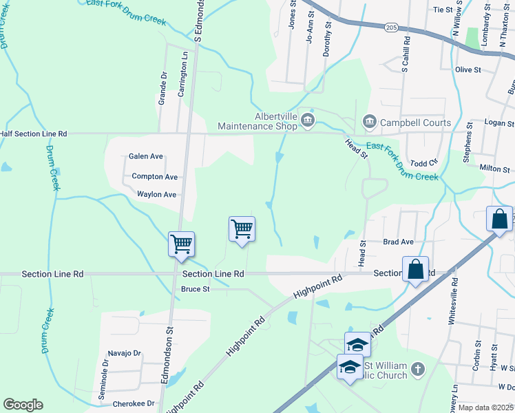 map of restaurants, bars, coffee shops, grocery stores, and more near 714 Travis Street in Albertville