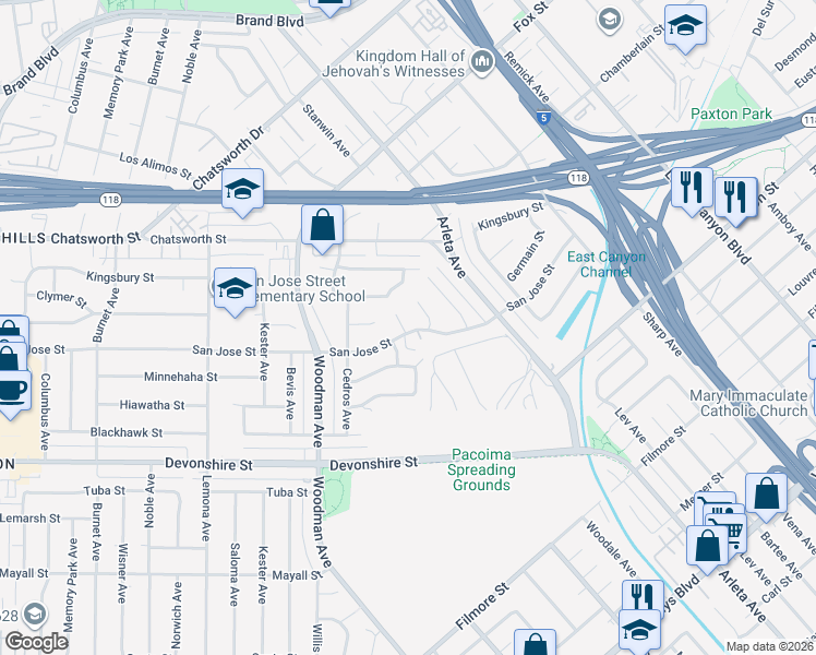 map of restaurants, bars, coffee shops, grocery stores, and more near 10520 Winnebago Avenue in Los Angeles