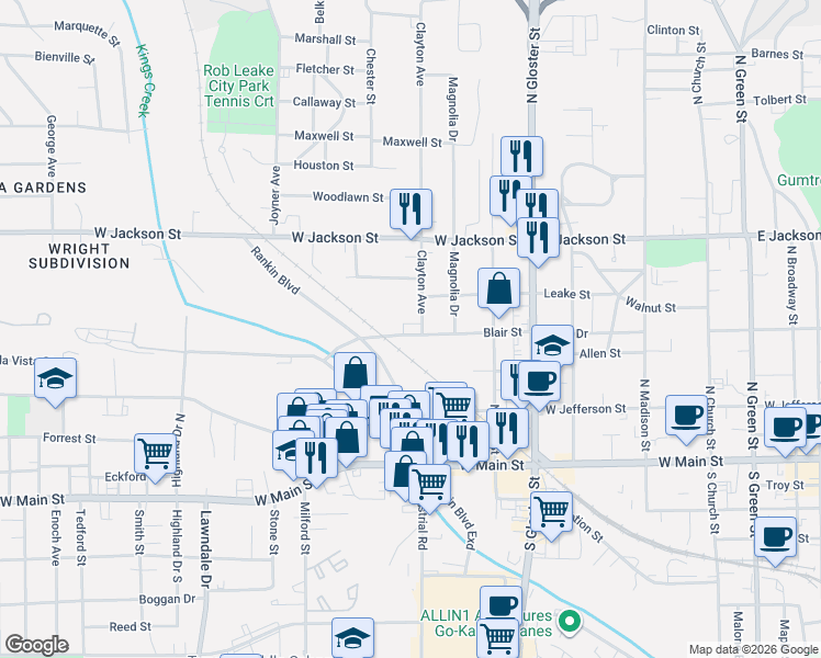 map of restaurants, bars, coffee shops, grocery stores, and more near 401 Clayton Avenue in Tupelo