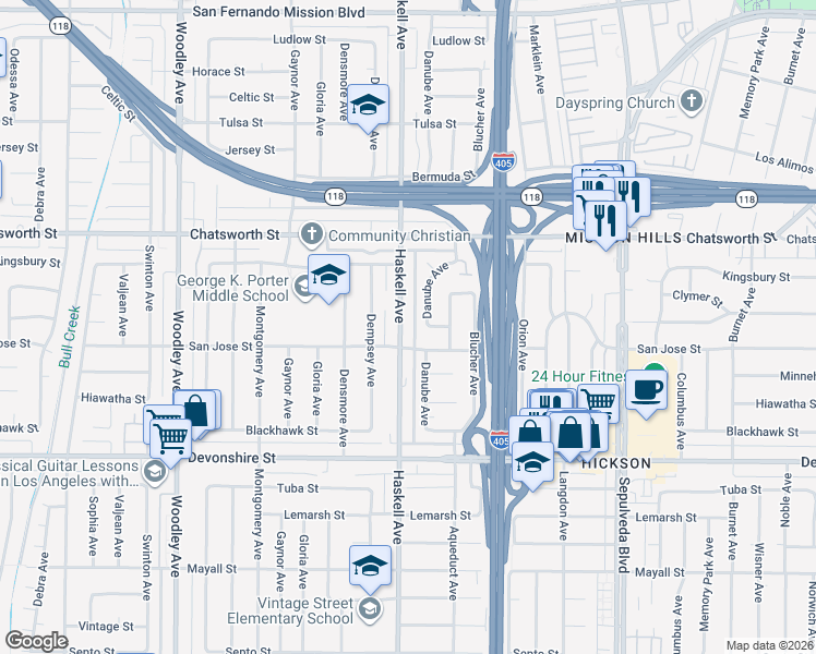 map of restaurants, bars, coffee shops, grocery stores, and more near 10520 Haskell Avenue in Los Angeles