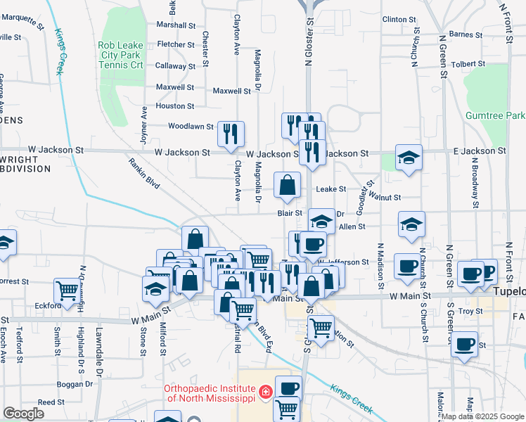 map of restaurants, bars, coffee shops, grocery stores, and more near 928 Blair Street in Tupelo