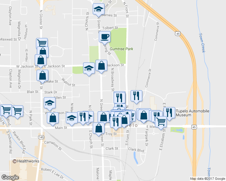 map of restaurants, bars, coffee shops, grocery stores, and more near 400 North Broadway Street in Tupelo