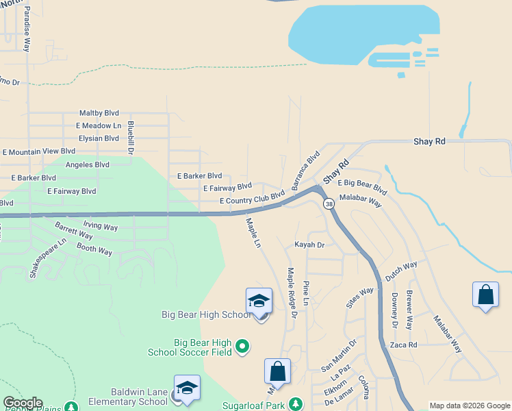 map of restaurants, bars, coffee shops, grocery stores, and more near 1037 California 38 in Big Bear
