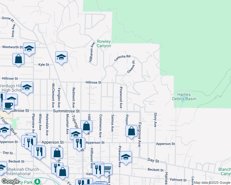 map of restaurants, bars, coffee shops, grocery stores, and more near 10618 Samoa Avenue in Los Angeles