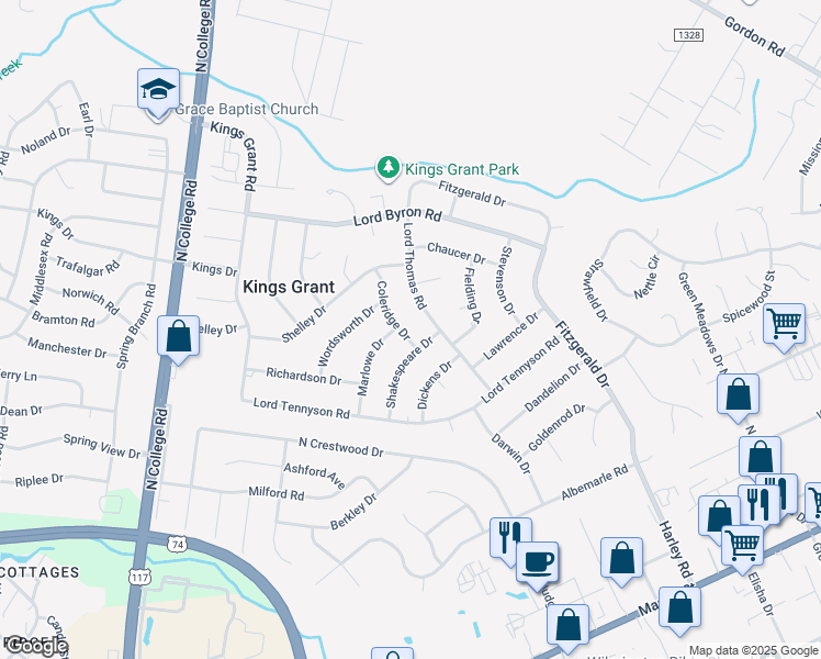 map of restaurants, bars, coffee shops, grocery stores, and more near 1006 Coleridge Dr in Wilmington