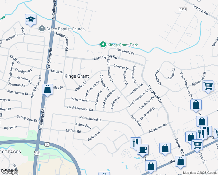 map of restaurants, bars, coffee shops, grocery stores, and more near 1006 Coleridge Dr in Wilmington