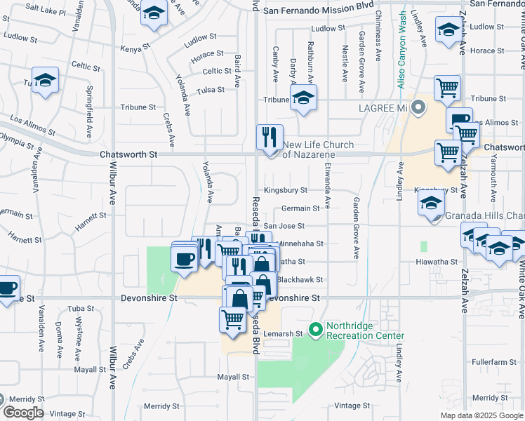 map of restaurants, bars, coffee shops, grocery stores, and more near 10520 Reseda Boulevard in Los Angeles