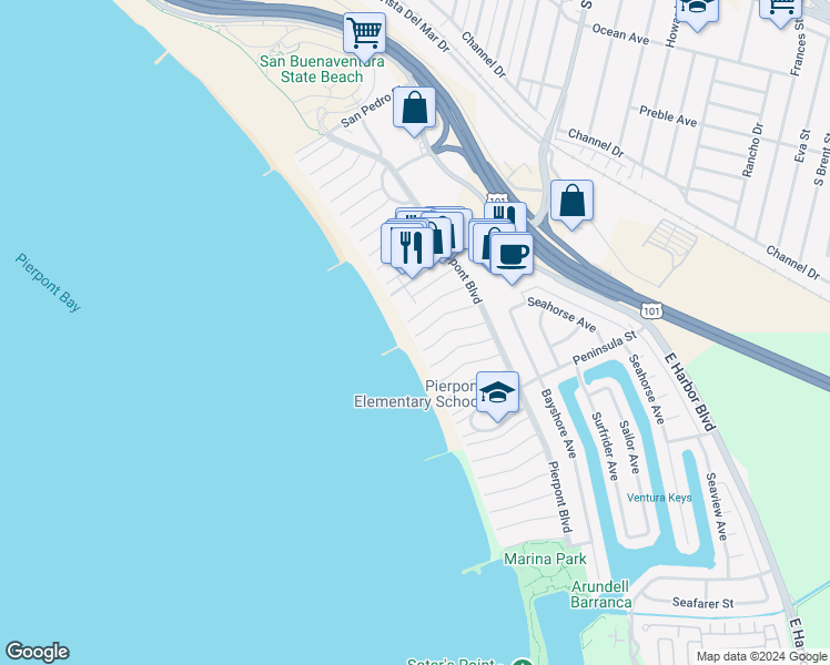 map of restaurants, bars, coffee shops, grocery stores, and more near 1195 Winthrop Lane in Ventura