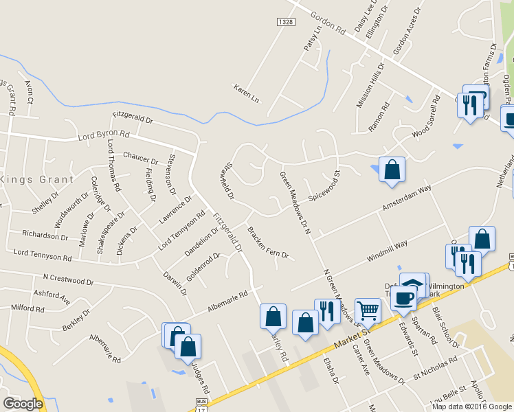 map of restaurants, bars, coffee shops, grocery stores, and more near 6220 Strawfield Drive in Wilmington