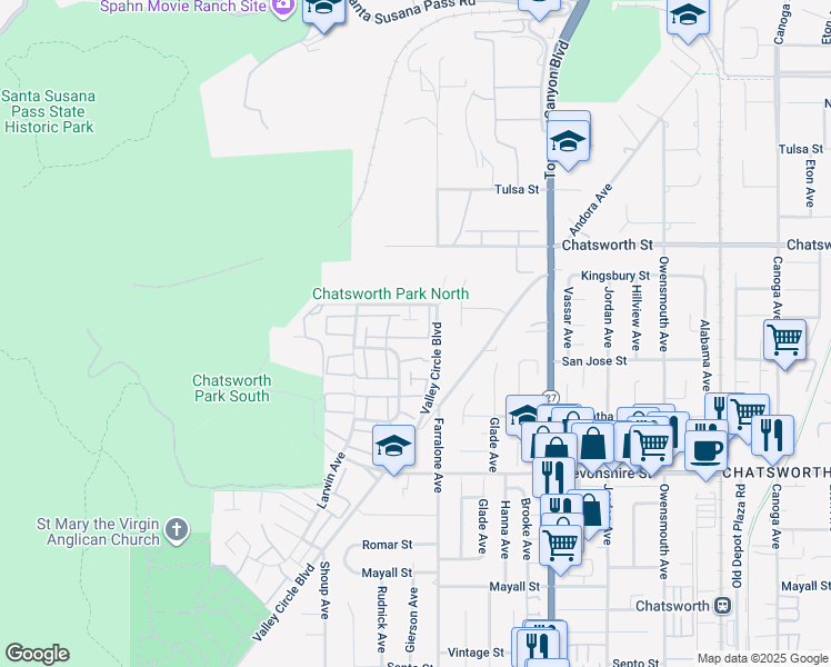 map of restaurants, bars, coffee shops, grocery stores, and more near 22206 Germain Street in Los Angeles