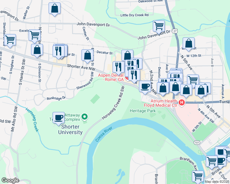 map of restaurants, bars, coffee shops, grocery stores, and more near 6 Horseleg Creek Road Southwest in Rome