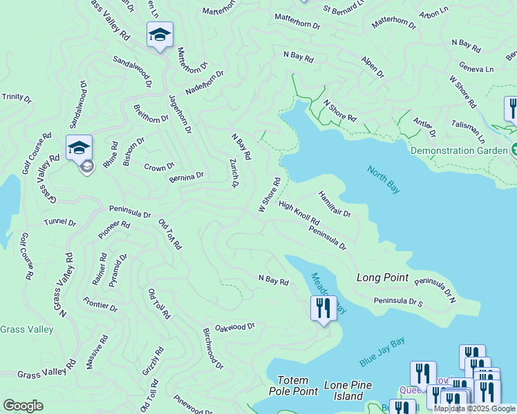 map of restaurants, bars, coffee shops, grocery stores, and more near 27504 West Shore Road in Lake Arrowhead