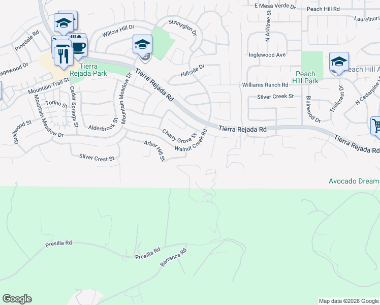 map of restaurants, bars, coffee shops, grocery stores, and more near 12500 Arbor Hill Street in Moorpark