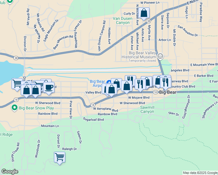 map of restaurants, bars, coffee shops, grocery stores, and more near 441 East Country Club Boulevard in Big Bear