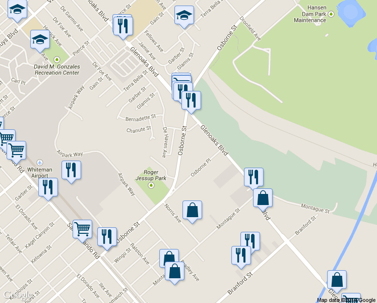 map of restaurants, bars, coffee shops, grocery stores, and more near 12368 Osborne Street in Los Angeles