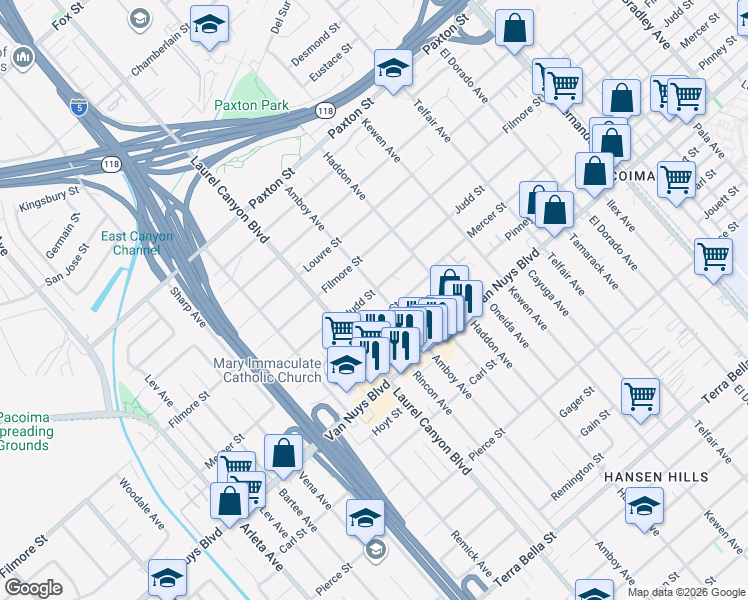 map of restaurants, bars, coffee shops, grocery stores, and more near 10541 Amboy Avenue in Los Angeles