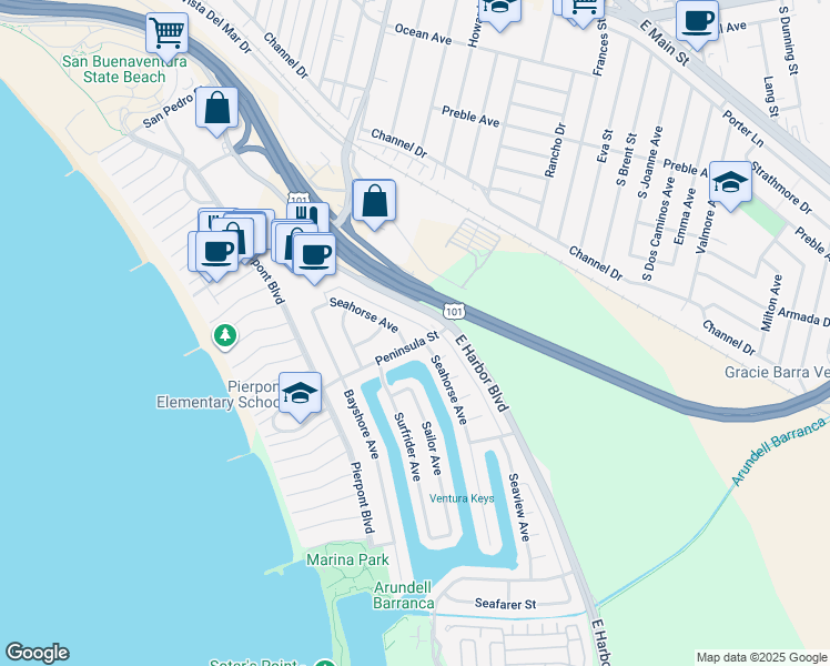 map of restaurants, bars, coffee shops, grocery stores, and more near 2589 Seahorse Avenue in Ventura