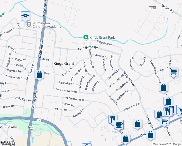 map of restaurants, bars, coffee shops, grocery stores, and more near 1006 Coleridge Dr in Wilmington