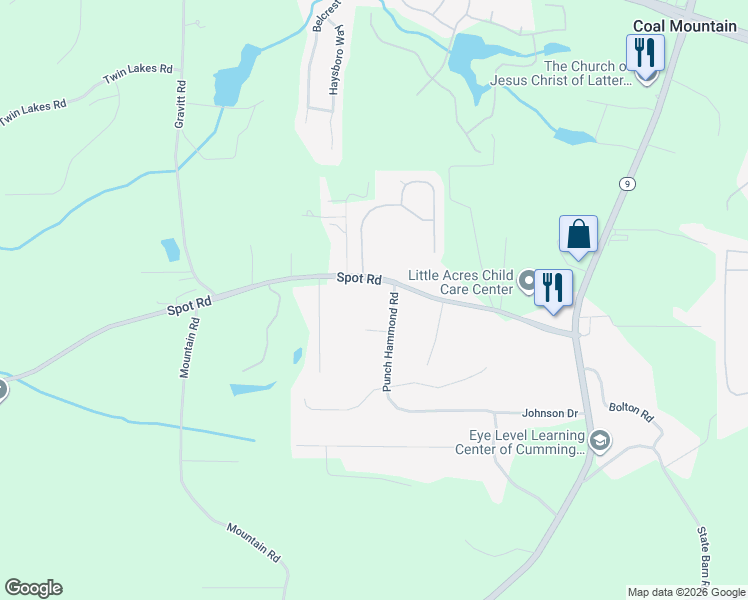 map of restaurants, bars, coffee shops, grocery stores, and more near 3001 Punch Hammond Road in Cumming