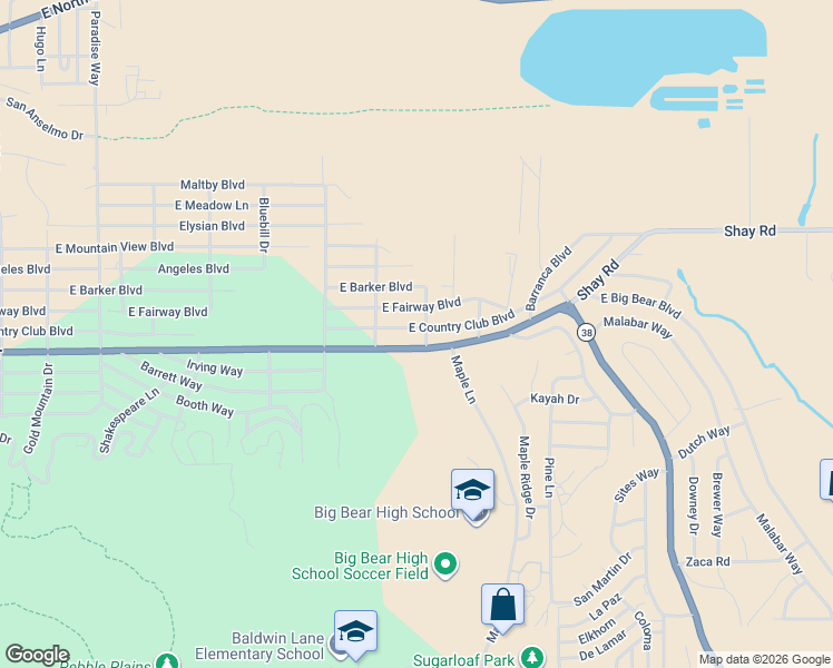 map of restaurants, bars, coffee shops, grocery stores, and more near 936 East Country Club Boulevard in Big Bear