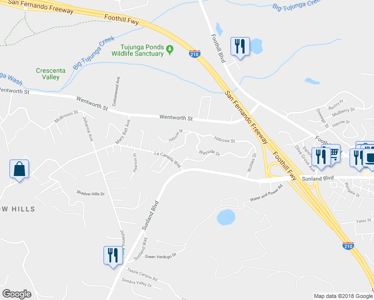 map of restaurants, bars, coffee shops, grocery stores, and more near 10535 La Canada Place in Los Angeles