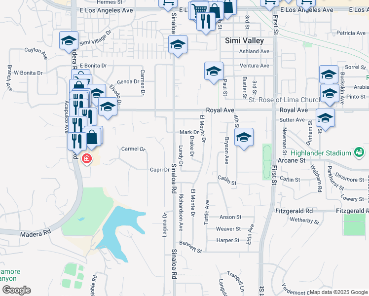 map of restaurants, bars, coffee shops, grocery stores, and more near 1234 Lundy Drive in Simi Valley