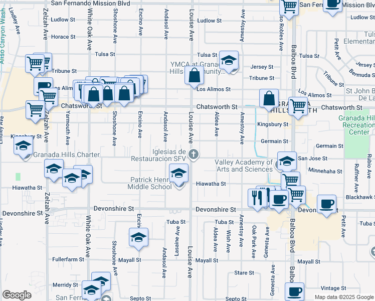 map of restaurants, bars, coffee shops, grocery stores, and more near 10521 Louise Avenue in Los Angeles