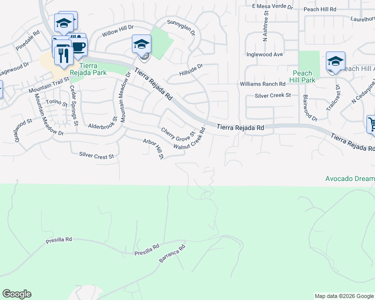 map of restaurants, bars, coffee shops, grocery stores, and more near 12500 Arbor Hill Street in Moorpark