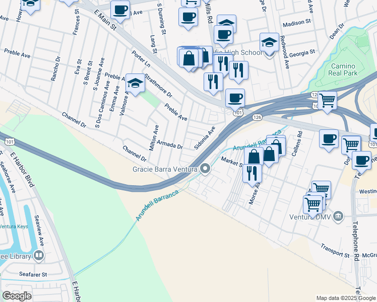 map of restaurants, bars, coffee shops, grocery stores, and more near 3344 Armada Drive in Ventura