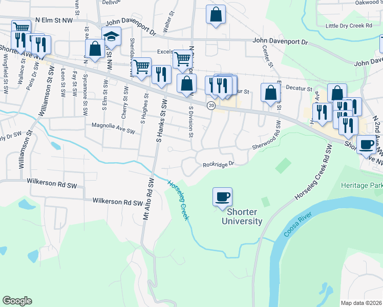 map of restaurants, bars, coffee shops, grocery stores, and more near 34 Rockridge Drive in Rome